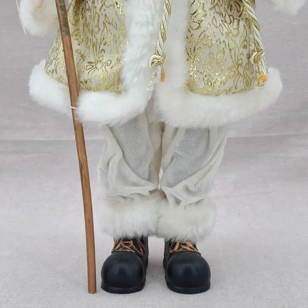 Vintage Santa Claus Figurine - White Gold With Staff, Faux Fur Trim - 18
